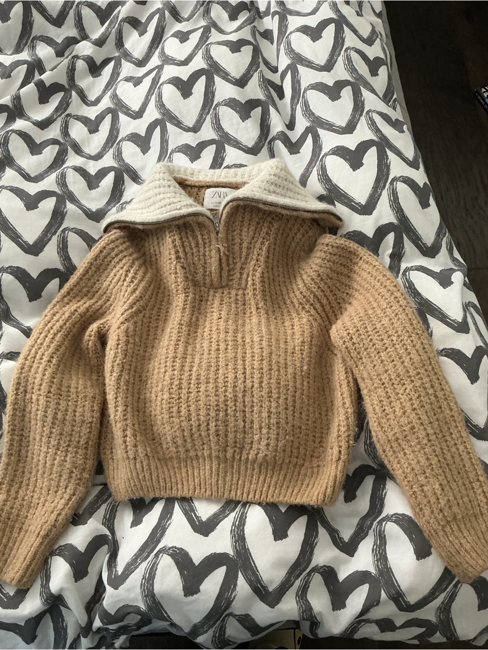 Zara Tan Cropped Knit Sweater with Cream Collar
